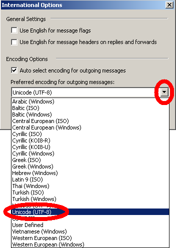 Preferred encoding for outgoing messages, Unicode (UTF-8)
