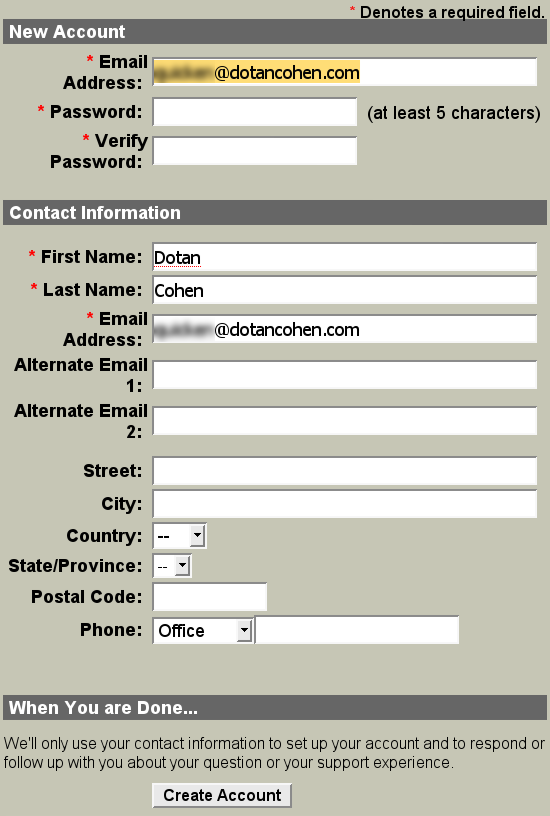 Quicken: New Account form